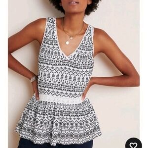 Anthropologie Maeve• Embroidered Eyelet Black/ White Peplum Tank. Sz XS